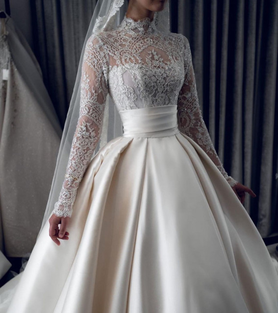 50 Breathtaking Wedding Dresses in 2022 : Lace Bodice High Neck Long Sleeve Wedding Dress