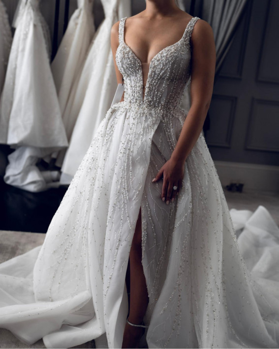 50 Breathtaking Wedding Dresses in 2022 : Sleeveless Embroidery Wedding Dress