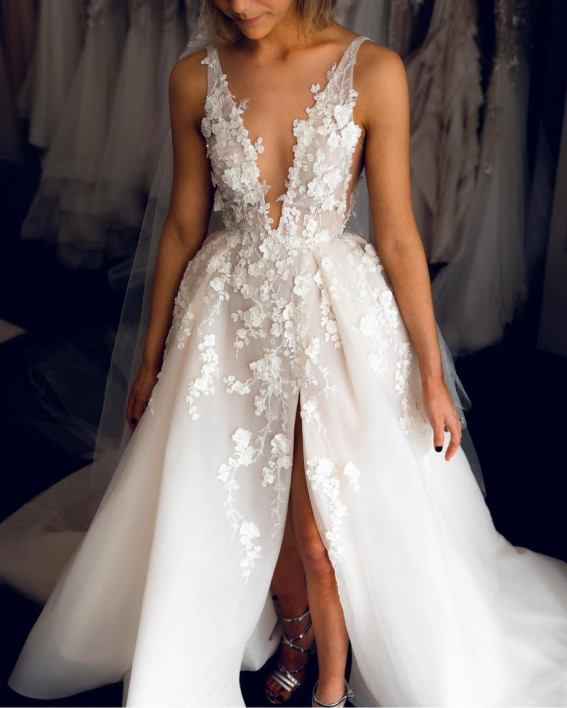 50 Breathtaking Wedding Dresses in 2022 : 3D Floral Applique Sleeveless Wedding Dress
