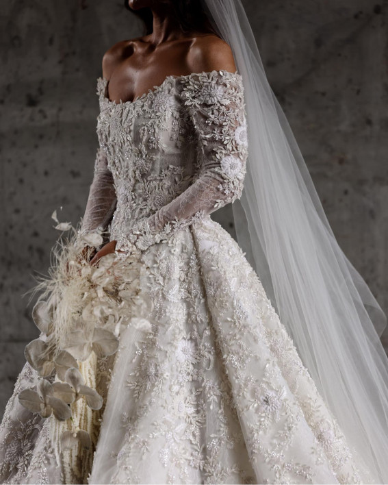50 Breathtaking Wedding Dresses in 2022 : Elegant Off The Shoulder Wedding Dress
