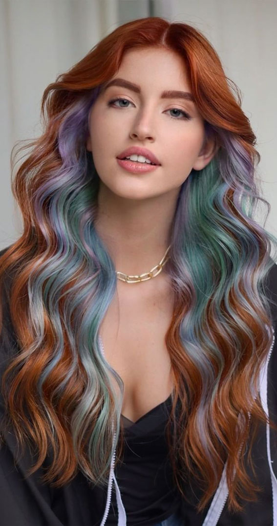 49 Autumn 2022 Hair Colour Trends : Ginger Bread with Teal + Lavender