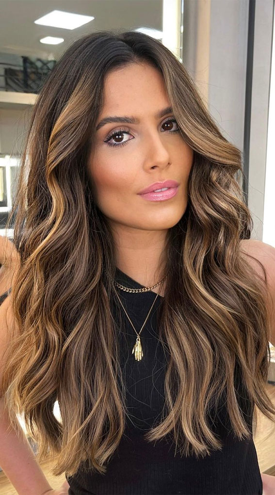 49 Autumn 2022 Hair Colour Trends : Brunette with Honey Highlights