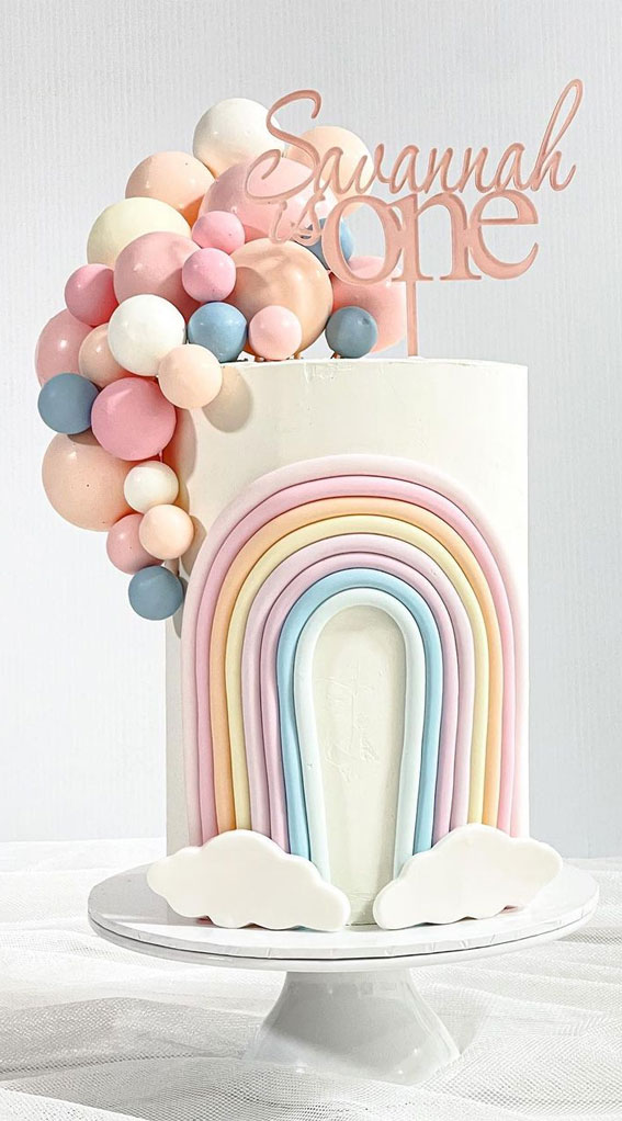 40 Cute First Birthday Cakes in 2022 : Pastel Rainbow + Balloons