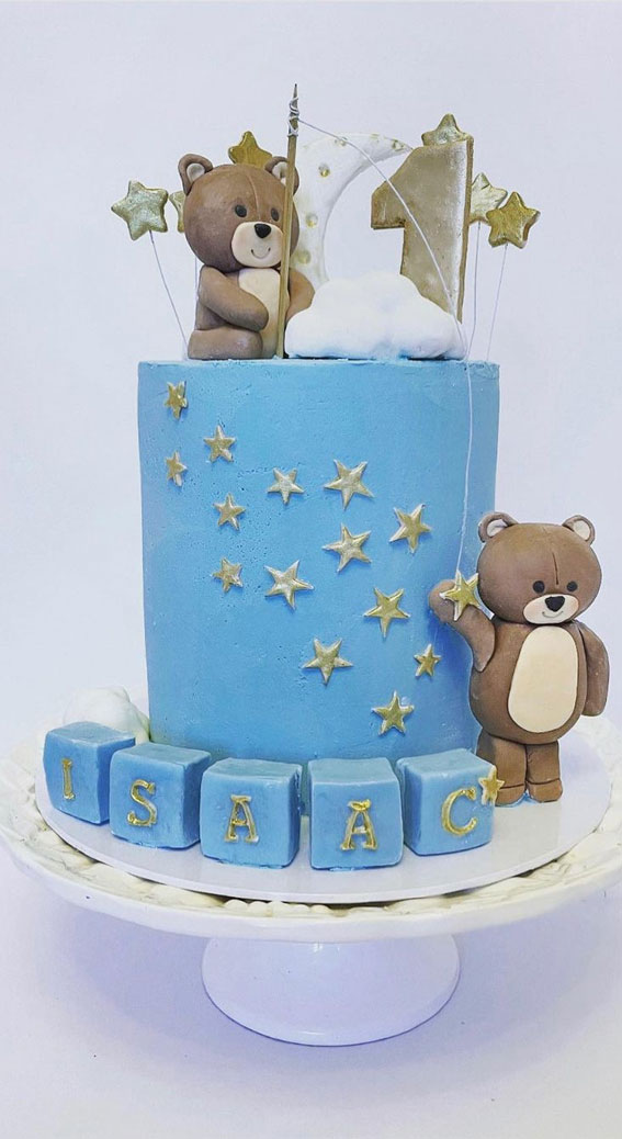 40 Cute First Birthday Cakes in 2022 : Sky Blue Birthday Cake Adorned with Gold Stars