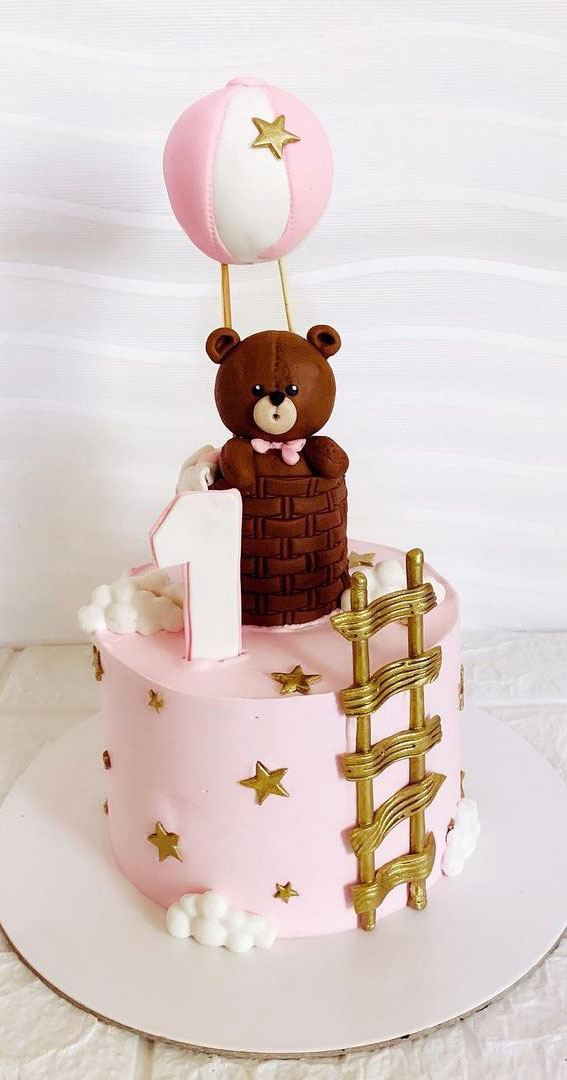 40 Cute First Birthday Cakes in 2022 : Pink Cake Topped with Hot Air Balloon