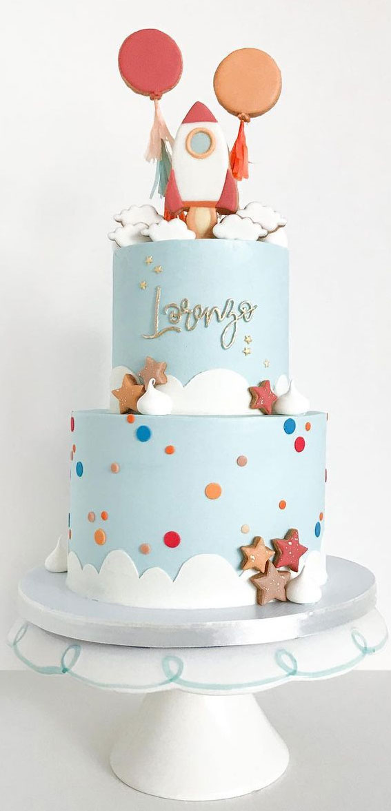 40 Cute First Birthday Cakes in 2022 : Baby Blue Two-Tier Rocket Cake