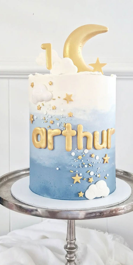 40 Cute First Birthday Cakes in 2022 : Ombre Blue Cloud Cake