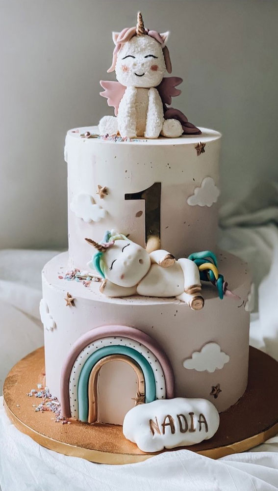 40 Cute First Birthday Cakes in 2022 : Rainbow and Unicorn Cake