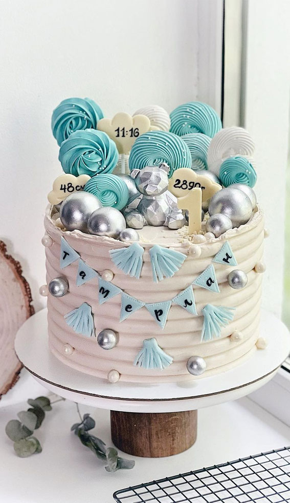 40 Cute First Birthday Cakes in 2022 : White Cake + Silver Balls + Bear
