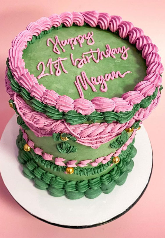 40 Best Lambeth Cake Ideas : Green and Pink Cake for 21st Birthday