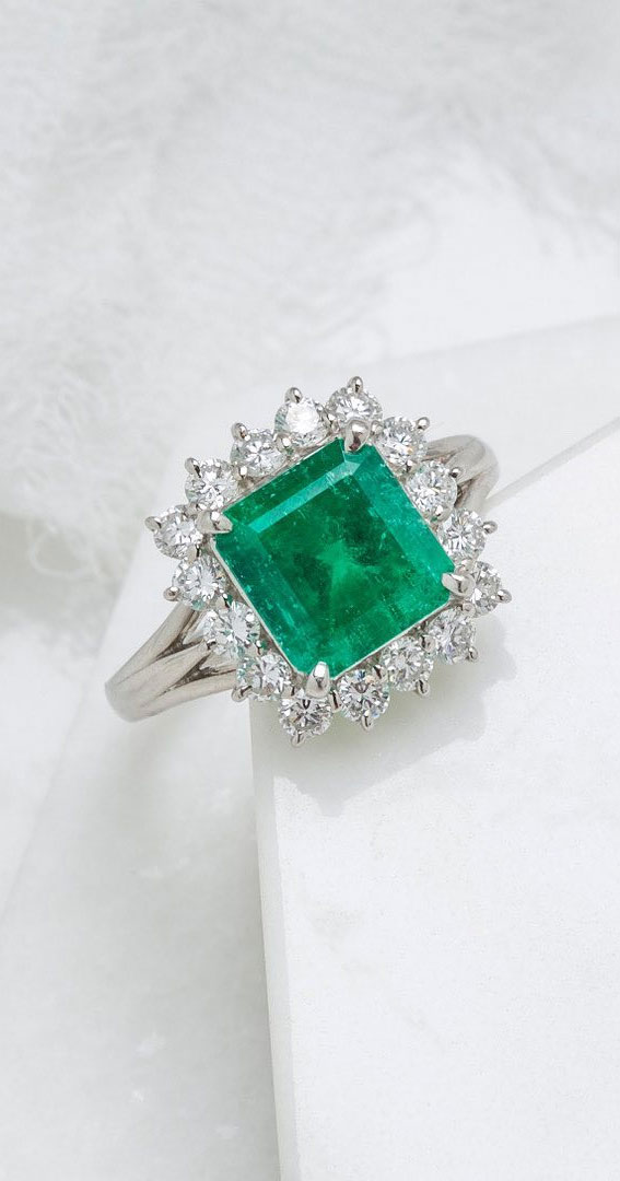 50 Stunning Engagement Rings in 2022 : Princess Emerald with Flower Details