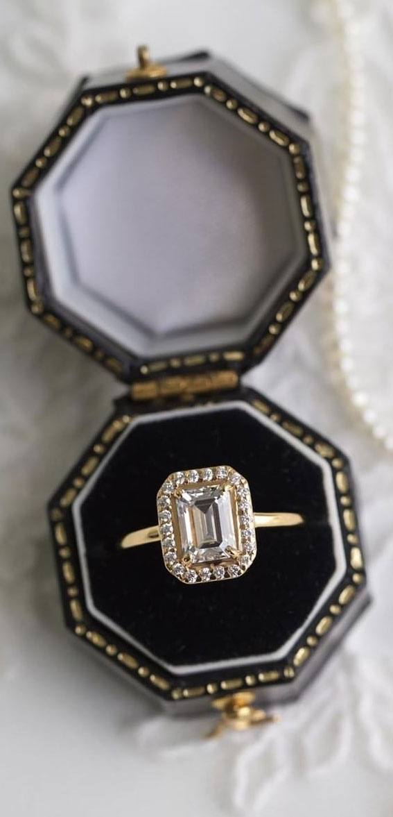 50 Stunning Engagement Rings in 2022 : Emerald Cut Halo Ring