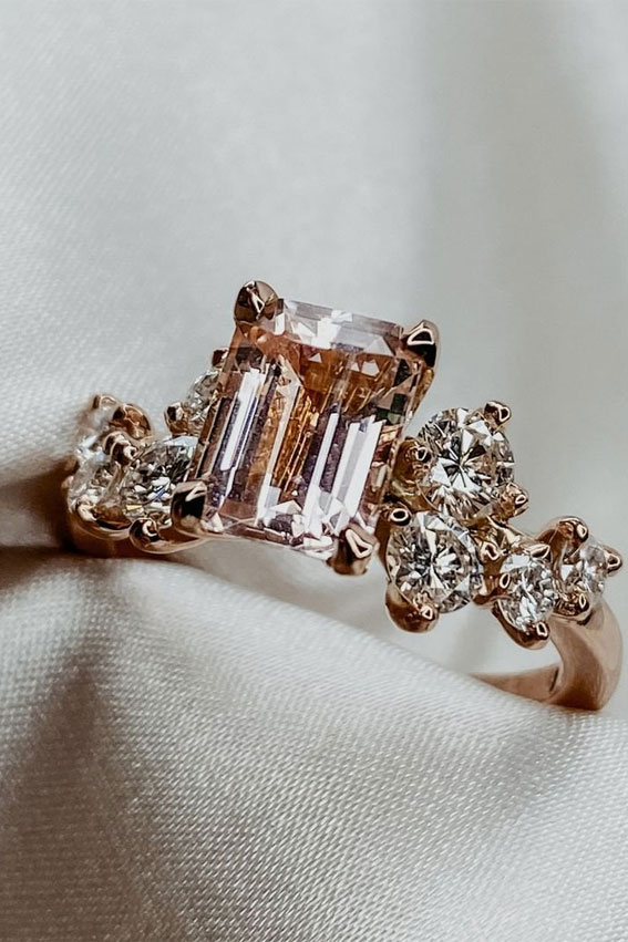 50 Stunning Engagement Rings in 2022 : Peach Coloured Emerald Cut