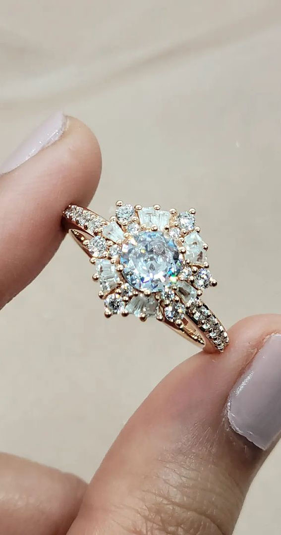 50 Stunning Engagement Rings in 2022 : Diamond halo ring with pretty details