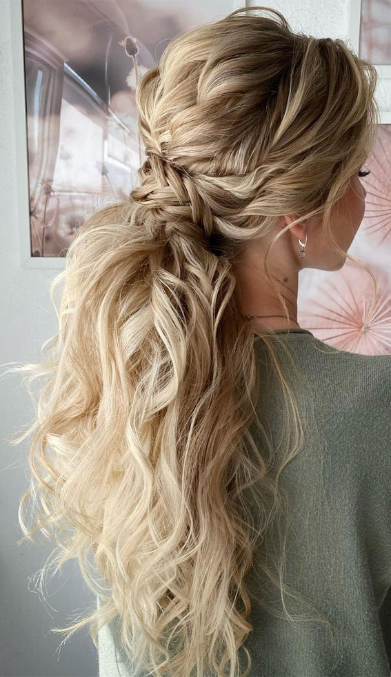 57 Different Wedding Hairstyles For Any Length : Braid Wrapped Ponytail