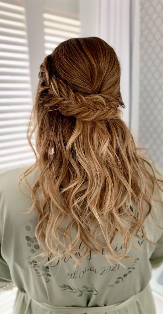 57 Different Wedding Hairstyles For Any Length : Fishtail Braid Half Up