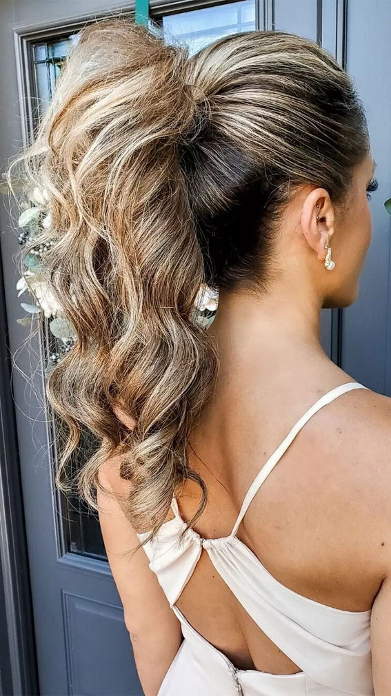 57 Different Wedding Hairstyles For Any Length : Soft Curl High Ponytail