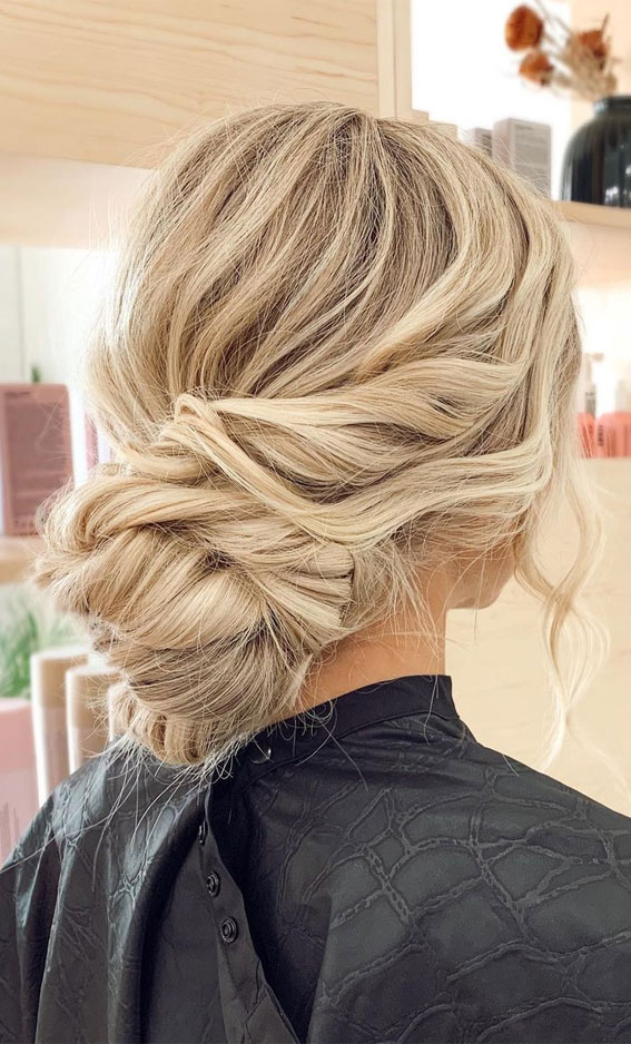 57 Different Wedding Hairstyles For Any Length : Messy Updo for Blonde