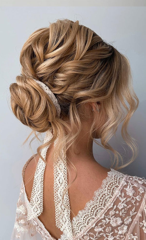 43 Stunning Updo Hairstyles 2022 : Soft Textured Low Bun with Lace