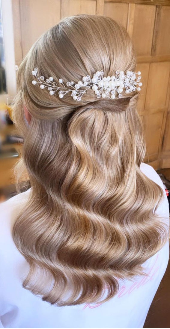57 Different Wedding Hairstyles For Any Length : Half Up Wavy Hollywood