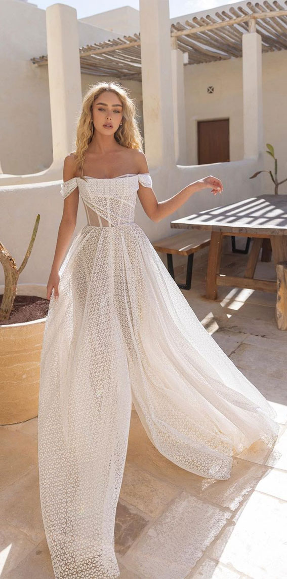 50 Breathtaking Wedding Dresses in 2022 : Crochet Inspired Off The Shoulder Wedding Dress