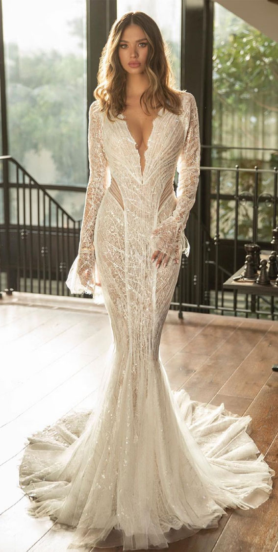 50 Breathtaking Wedding Dresses in 2022 : Mermaid Flare Sleeve Wedding Dress