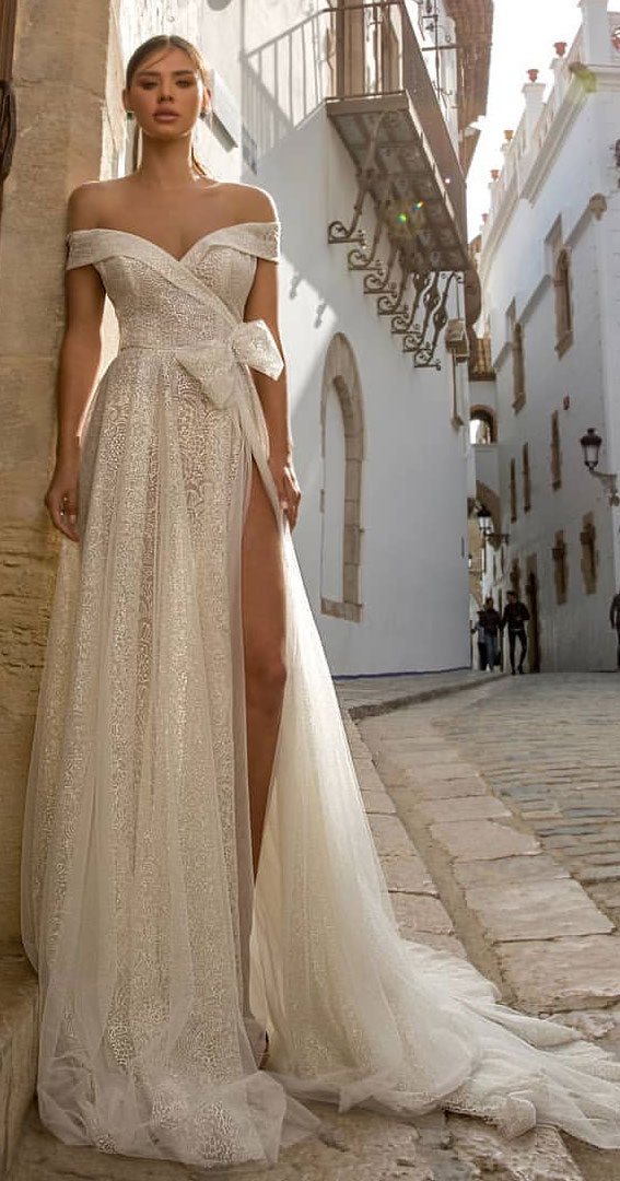 50 Breathtaking Wedding Dresses in 2022 : Off The Shoulder Wedding Dress with Bow Details