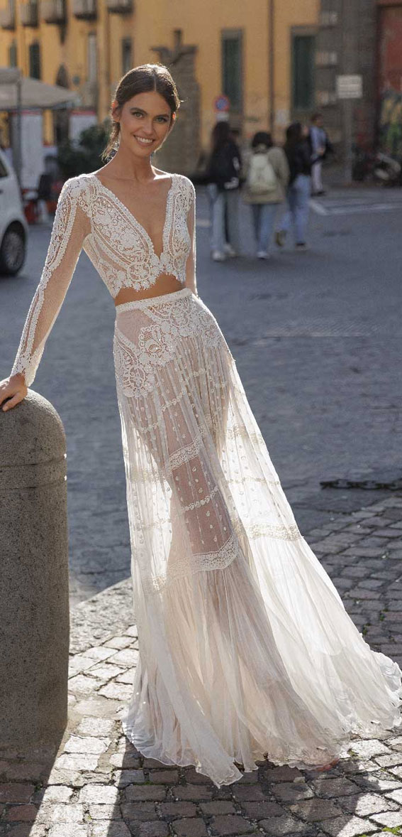 50 Breathtaking Wedding Dresses in 2022 : Two-Piece Long Sleeve Bohemian Wedding Dress