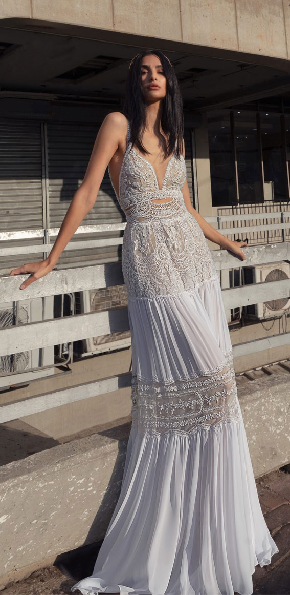 50 Breathtaking Wedding Dresses in 2022 : Spaghetti Strap Bohemian Wedding Dress