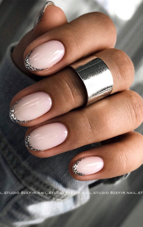 70+ Wedding Nails For Brides : Glitter French Tip Oval Nails