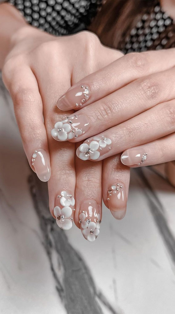 70+ Wedding Nails For Brides : 3D Flower Nude Nails