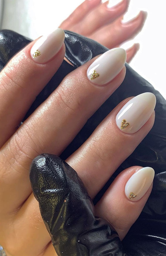 70+ Wedding Nails For Brides : Milky Nails with Gold Heart