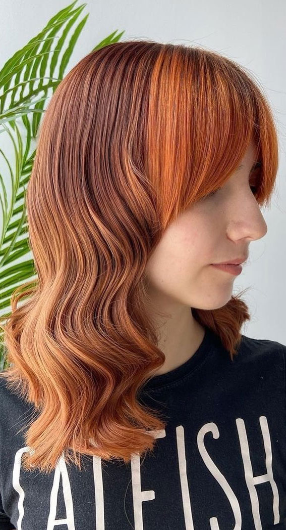 35 Copper Hair Colour Ideas & Hairstyles : Colour blocking + copper contrast