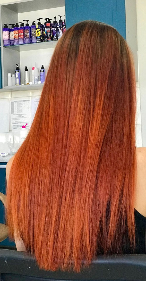 35 Copper Hair Colour Ideas & Hairstyles : Smooth Copper Long Hair