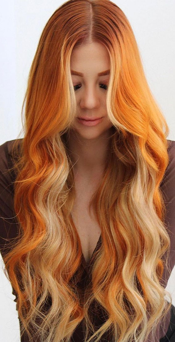 35 Copper Hair Colour Ideas & Hairstyles : Golden Copper with Blonde Moneypiece