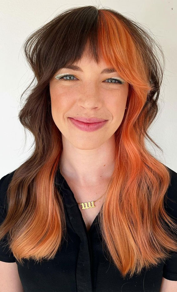 35 Copper Hair Colour Ideas & Hairstyles : Colour Block + Shag Bangs