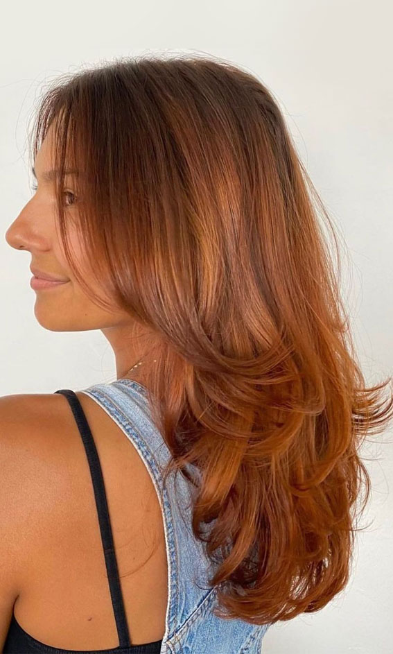35 Copper Hair Colour Ideas & Hairstyles : Copper Layered Cut with Curtain Bangs