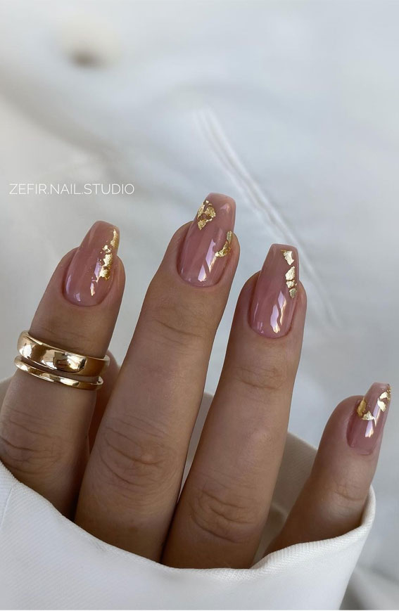 70+ Wedding Nails For Brides : Natural Tapered Square Nails with Gold Flake