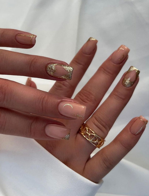70+ Wedding Nails For Brides : Natural Nails with Glitter Effects