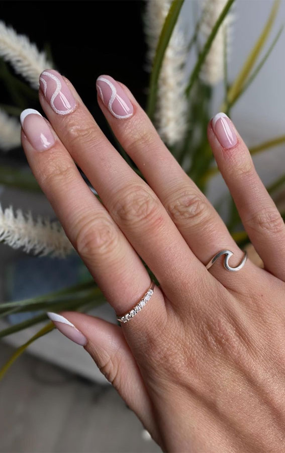 70+ Wedding Nails For Brides : Mismatch White Swirl + French Tip Nails