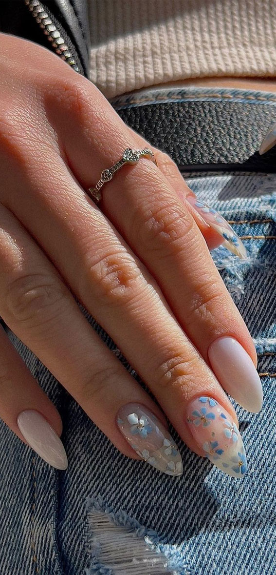 70+ Wedding Nails For Brides : Blue Flower Sheer Almond Nails