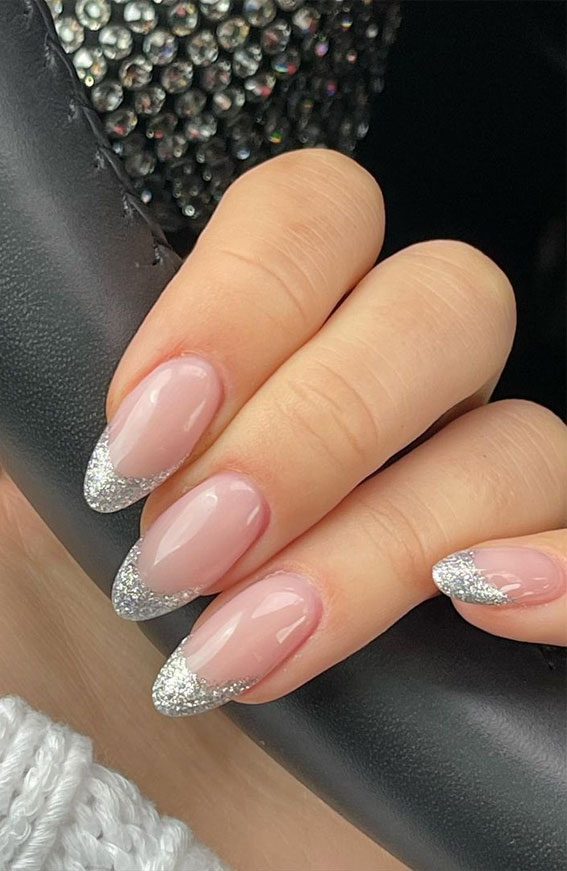 70+ Wedding Nails For Brides : Silver Glitter Tip Almond Natural Nails 