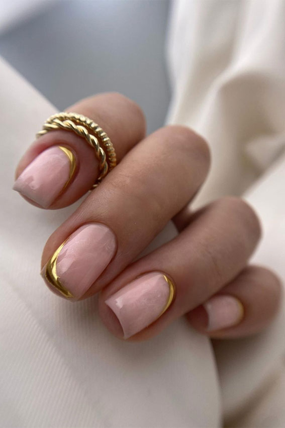 70+ Wedding Nails For Brides : Gold French & Gold Cuff Square Nails
