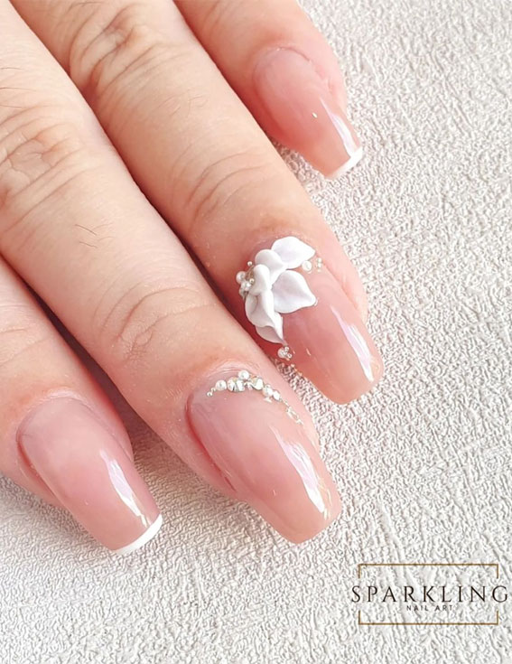 70+ Wedding Nails For Brides : Diamante + Flower Cuffs & French Sheer Nails