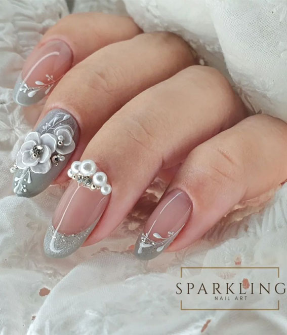70+ Wedding Nails For Brides : Grey Nails with 3D Flowers