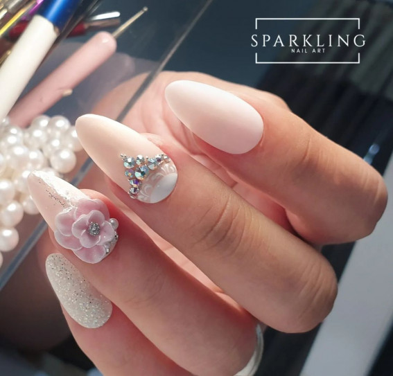 70+ Wedding Nails For Brides : Sparkles + 3D Flower + Dimante