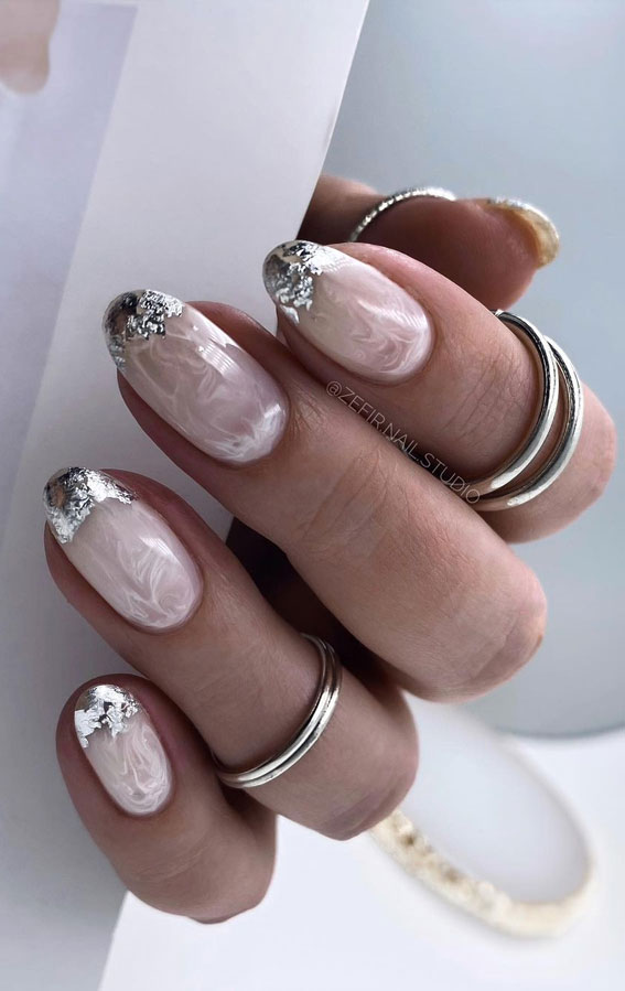 70+ Wedding Nails For Brides : Rose Quartz Silver Flake French Tip Nails