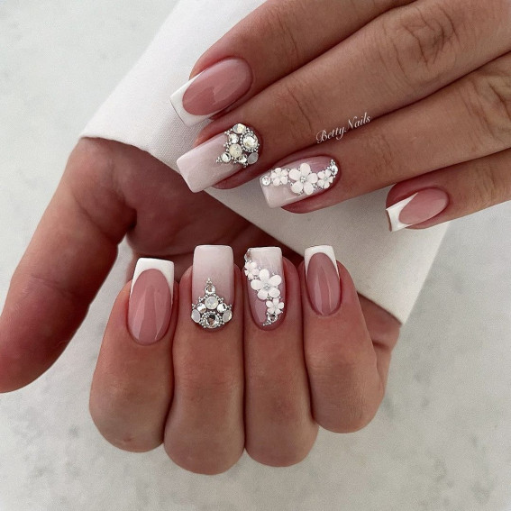70+ Wedding Nails For Brides : Ombre + French Nails with Flower Accents