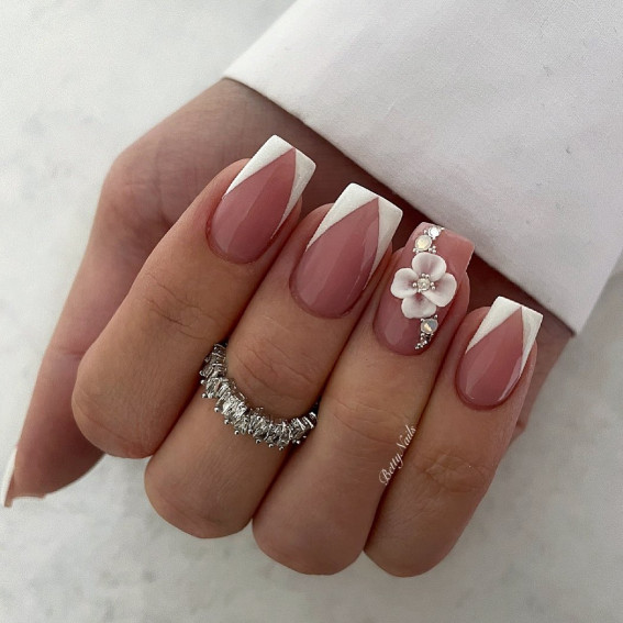 70+ Wedding Nails For Brides : V-French Tip Nails with Flower Accents