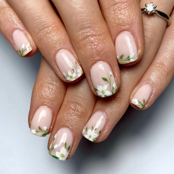 70+ Wedding Nails For Brides : Flower French Tip Short Square Nails